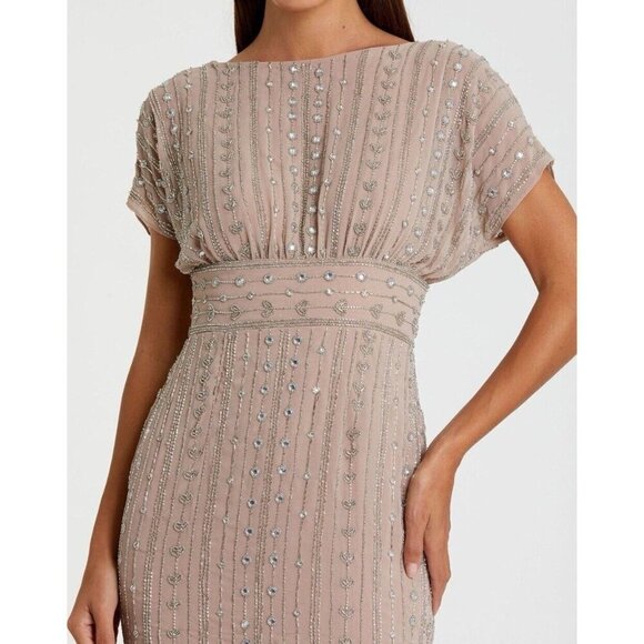 Mac Duggal Size 8 Beige 93649 Beaded Cap Sleeve Column Gown Midi Dress $498 New - Picture 3 of 14